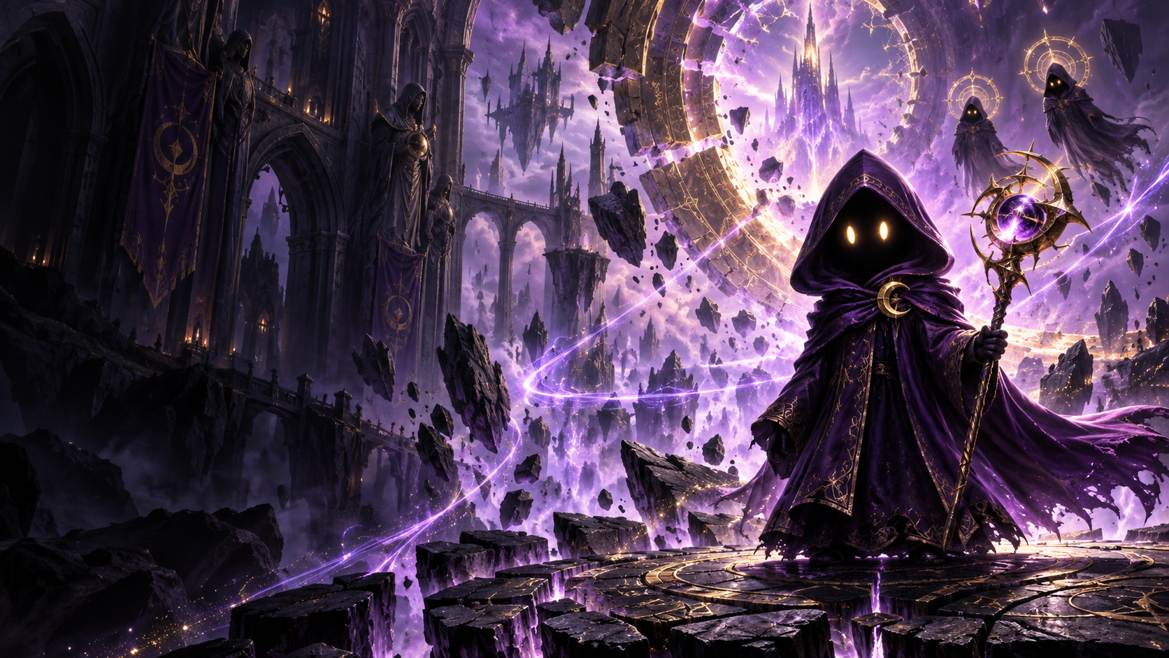 A gold-eyed Cabal mage summons violet magic before a shattered celestial gate